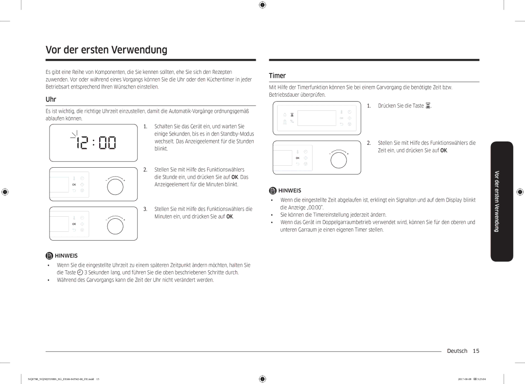 Samsung NQ50J3530BS/EG manual Vor der ersten Verwendung, Uhr, Timer 