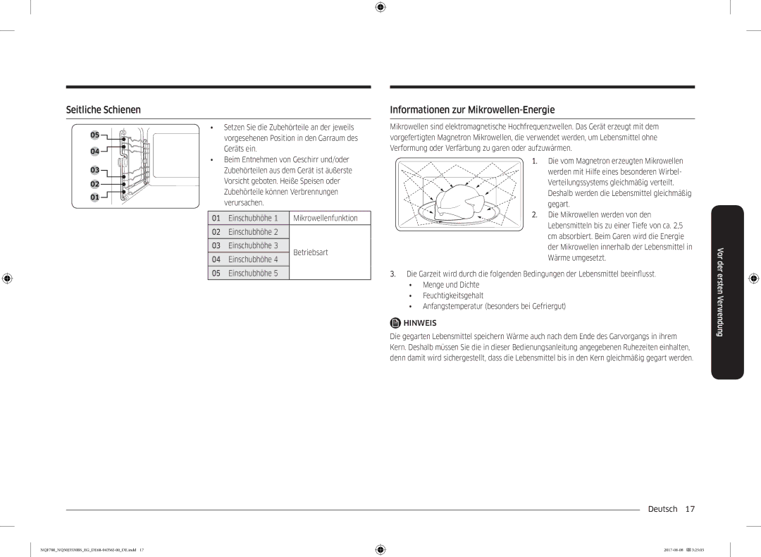 Samsung NQ50J3530BS/EG manual Seitliche Schienen, Informationen zur Mikrowellen-Energie 