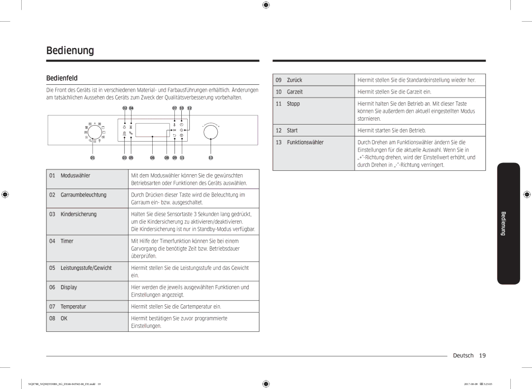 Samsung NQ50J3530BS/EG manual Bedienung, Bedienfeld 