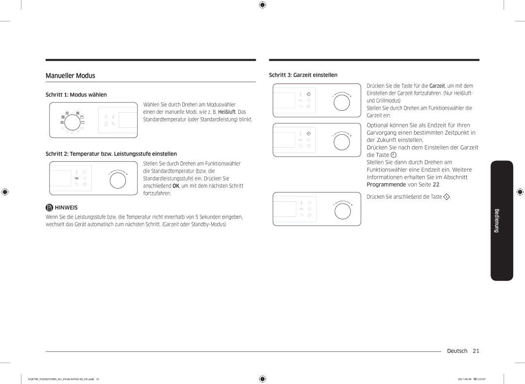 Samsung NQ50J3530BS/EG manual Manueller Modus, Schritt 3 Garzeit einstellen, Schritt 1 Modus wählen 