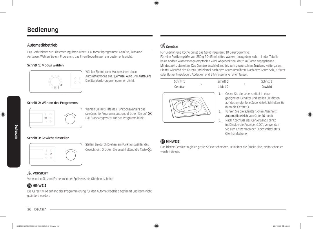 Samsung NQ50J3530BS/EG manual Automatikbetrieb, Schritt 1 Modus wählen Wählen Sie mit dem Moduswähler einen, Gemüse Bis 