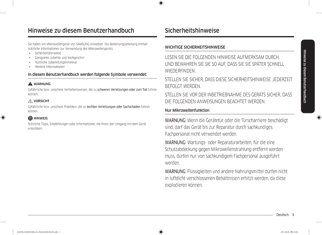 Samsung NQ50J3530BS/EG manual Hinweise zu diesem Benutzerhandbuch, Sicherheitshinweise, Nur Mikrowellenfunktion, Deutsch  