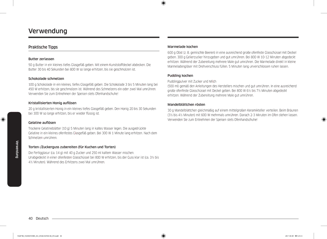 Samsung NQ50J3530BS/EG manual Praktische Tipps, Butter zerlassen, Schokolade schmelzen 