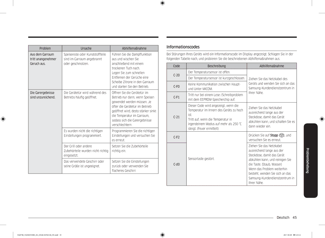 Samsung NQ50J3530BS/EG manual Informationscodes 