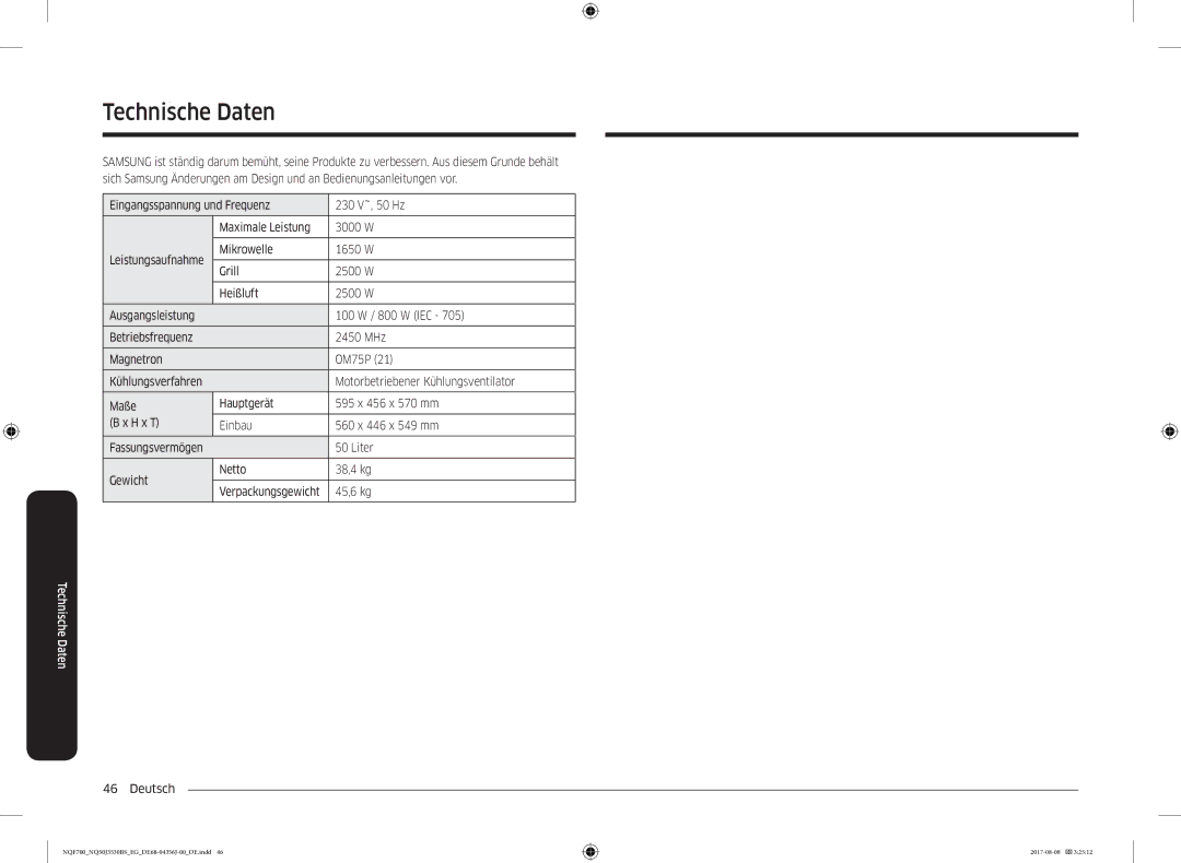 Samsung NQ50J3530BS/EG manual TechnischeDaten, Motorbetriebener Kühlungsventilator, Liter, Gewicht Netto 38,4 kg, 45,6 kg 