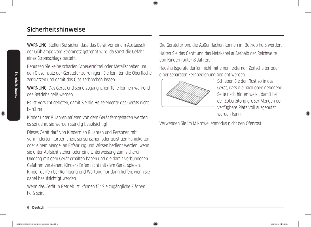 Samsung NQ50J3530BS/EG manual Verwenden Sie im Mikrowellenmodus nicht den Ofenrost 