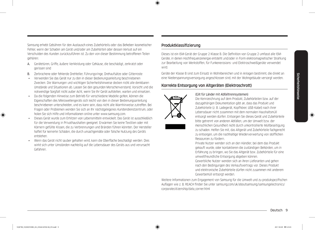 Samsung NQ50J3530BS/EG manual Produktklassifizierung, Korrekte Entsorgung von Altgeräten Elektroschrott 