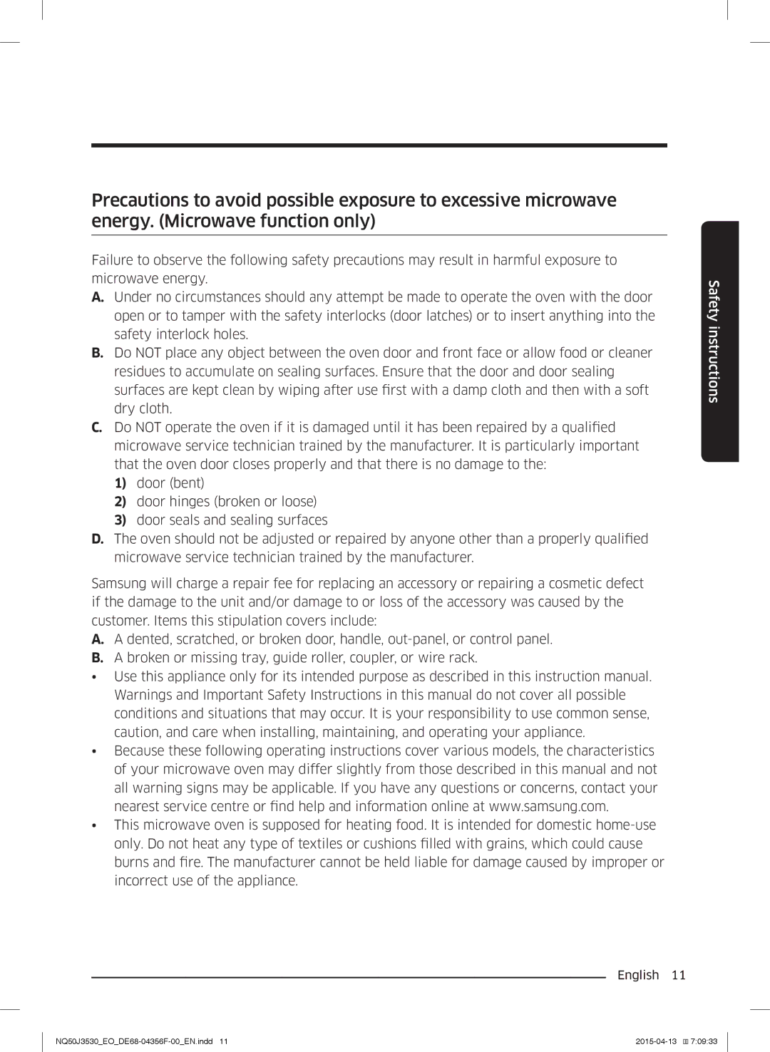 Samsung NQ50J3530BS/EO manual Safety instructions 