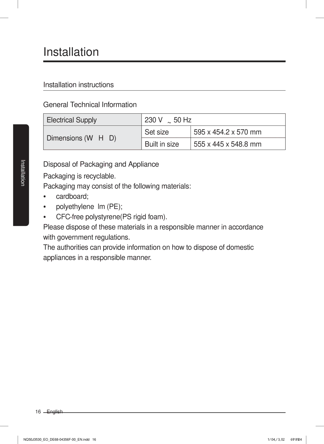 Samsung NQ50J3530BS/EO manual Installation 