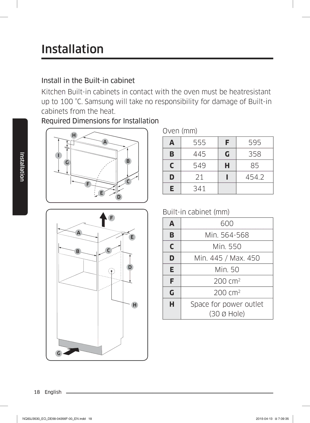 Samsung NQ50J3530BS/EO manual Oven mm, Built-in cabinet mm A600 Min, Min / Max, Space for power outlet 30 Ø Hole 