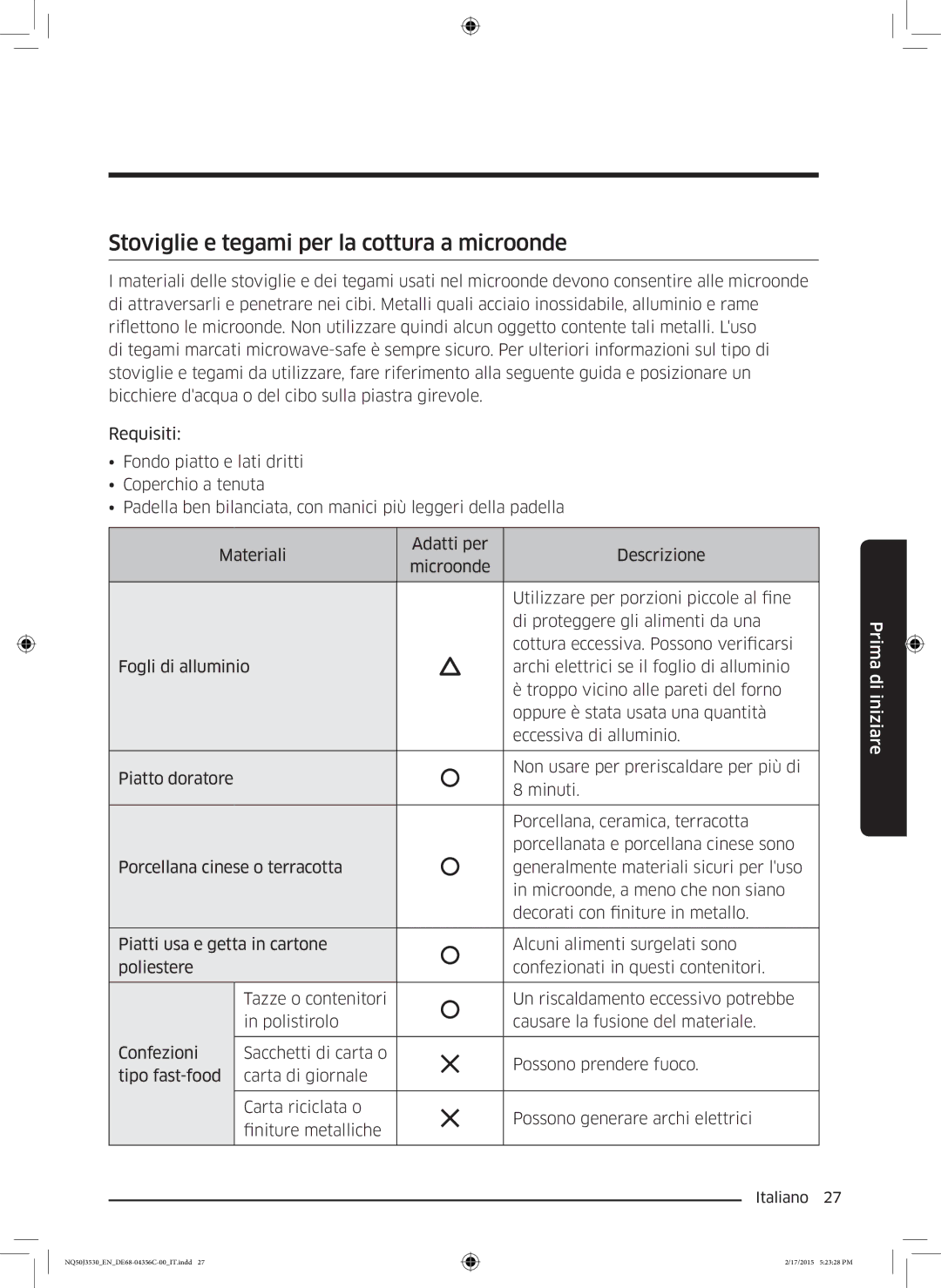 Samsung NQ50J3530BS/ET manual Stoviglie e tegami per la cottura a microonde 