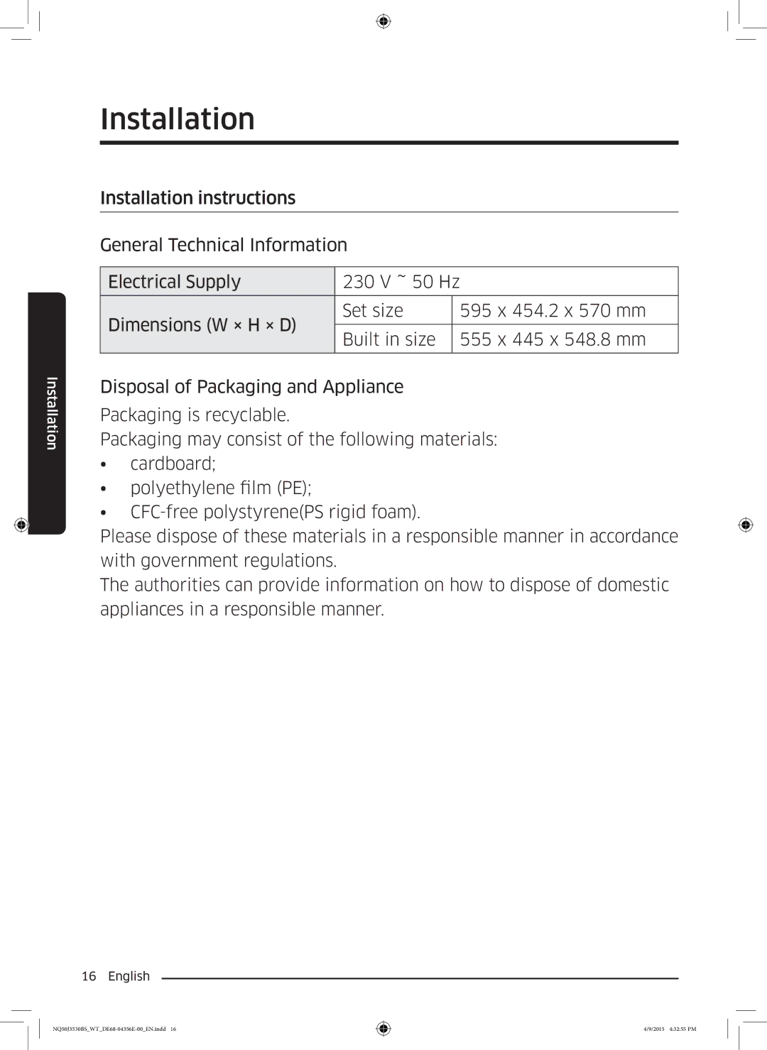 Samsung NQ50J3530BS/WT manual Installation 