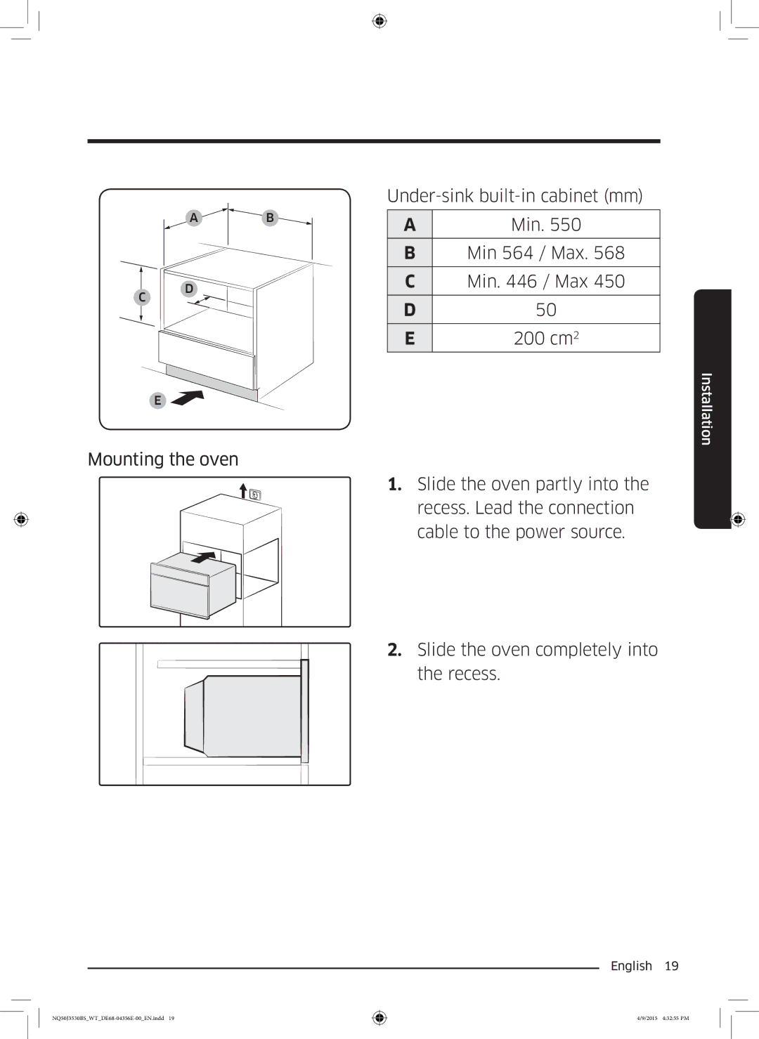 Samsung NQ50J3530BS/WT manual Mounting the oven Under-sink built-in cabinet mm, Min 564 / Max Min / Max 