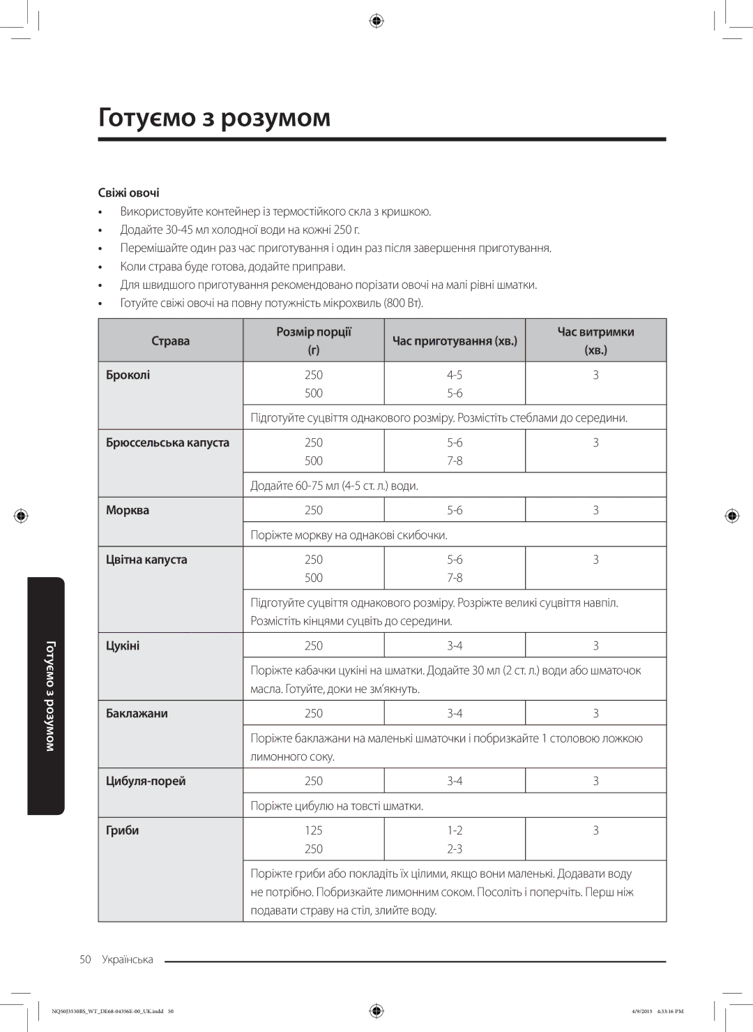 Samsung NQ50J3530BS/WT manual Свіжі овочі, Страва Розмір порції, Морква, Цвітна капуста, Цибуля-порей, Гриби 