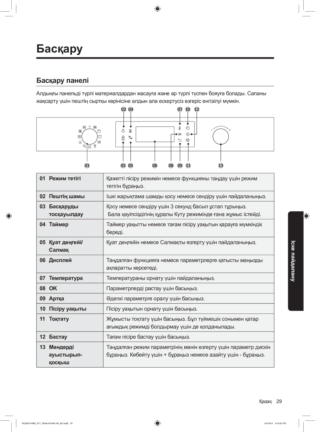 Samsung NQ50J3530BS/WT manual Басқару панелі 