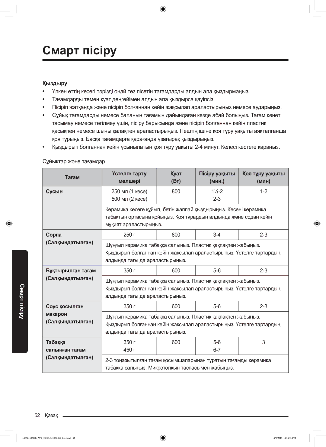 Samsung NQ50J3530BS/WT Тағам Үстелге тарту Қуат Пісіру уақыты, Сусын, Сорпа, Салқындатылған, Бұқтырылған тағам, Табаққа 