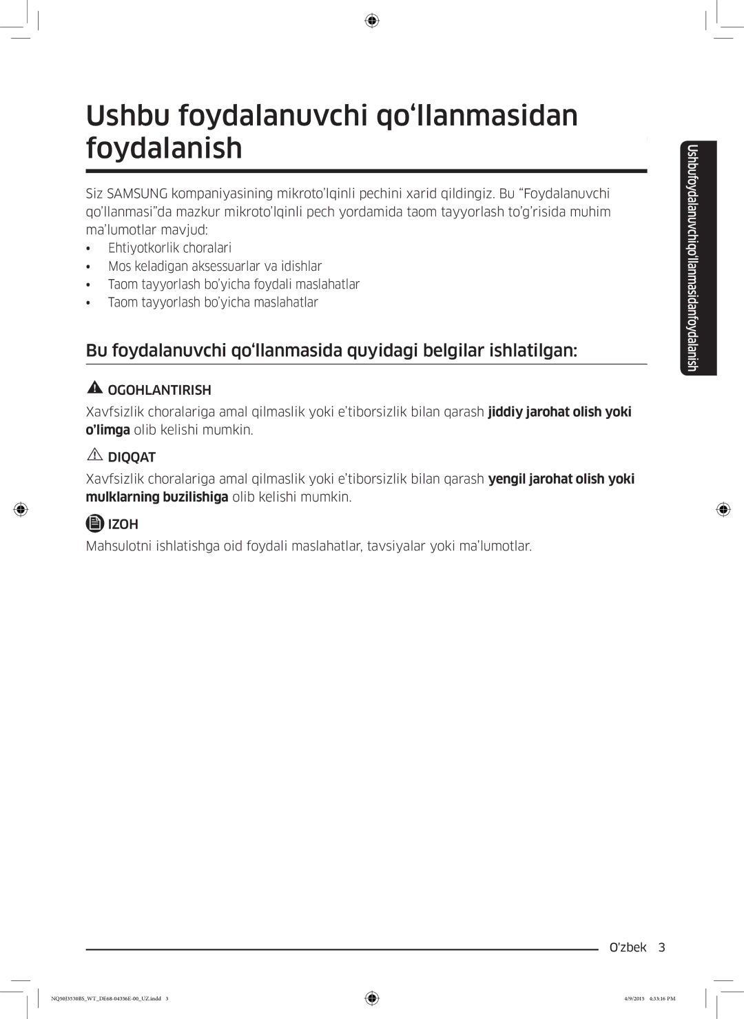 Samsung NQ50J3530BS/WT manual Ushbu foydalanuvchi qo‘llanmasidan foydalanish 