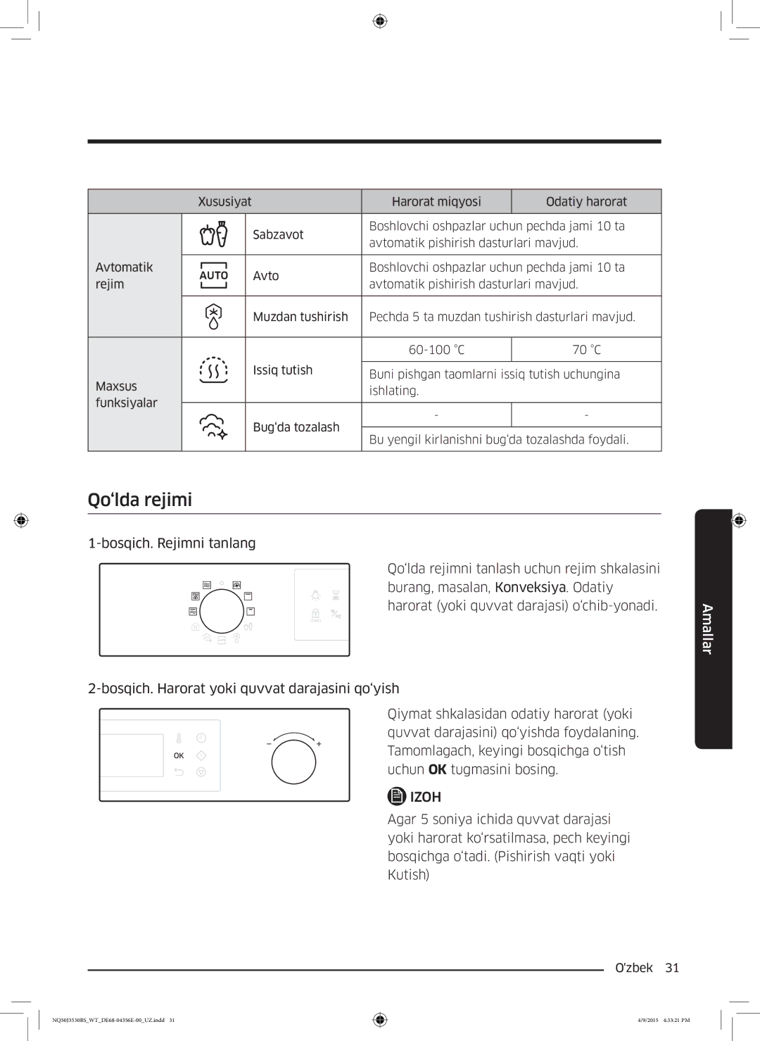 Samsung NQ50J3530BS/WT manual Qo‘lda rejimi 