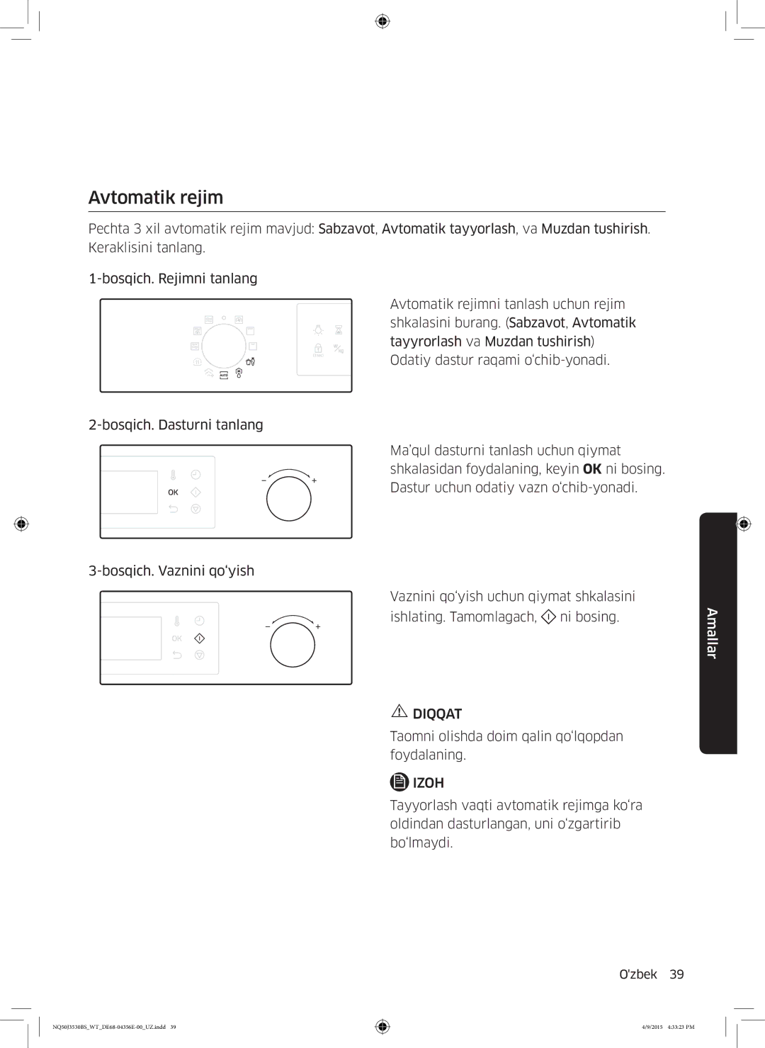 Samsung NQ50J3530BS/WT manual Avtomatik rejim, Taomni olishda doim qalin qo‘lqopdan foydalaning 