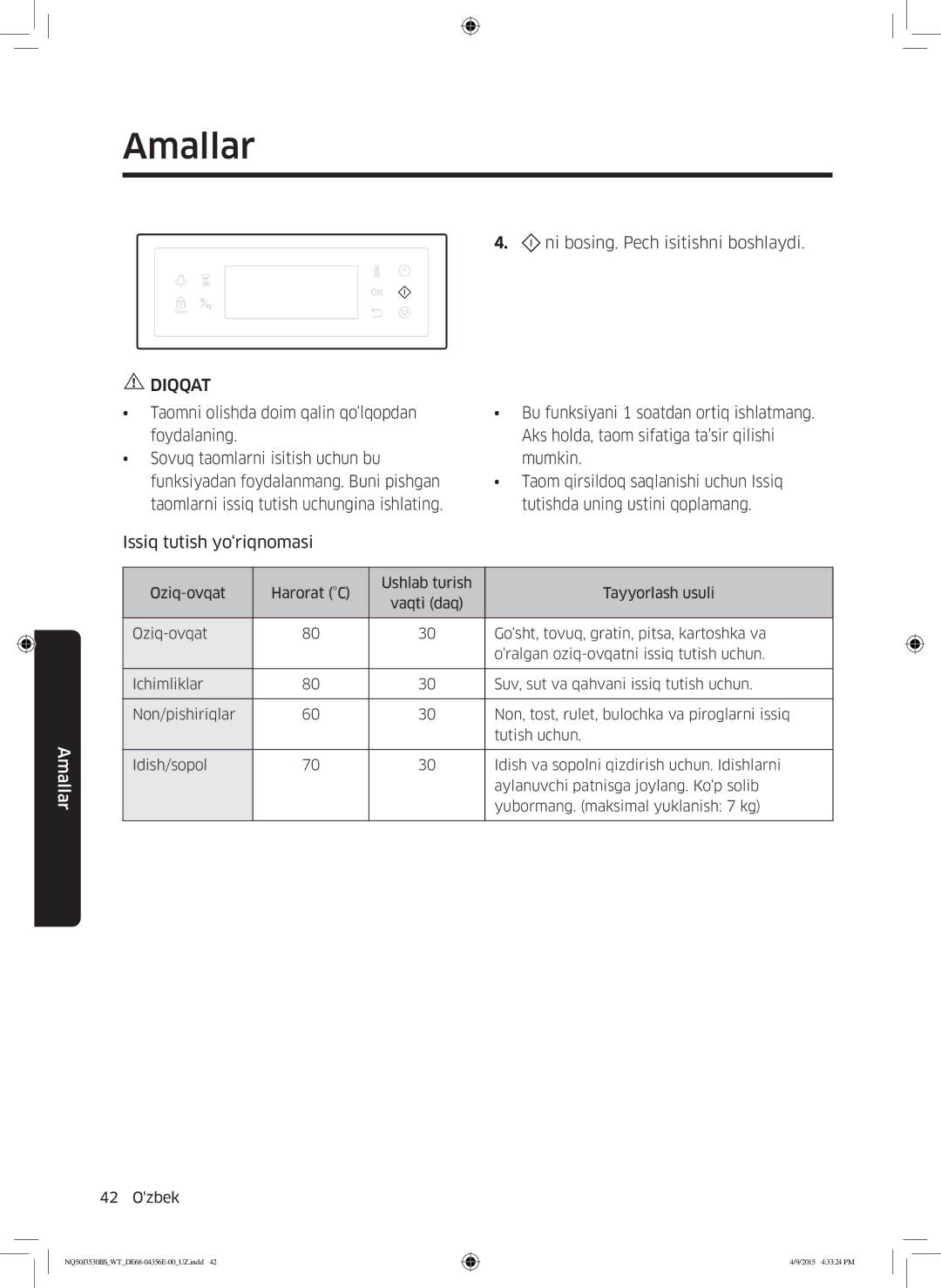 Samsung NQ50J3530BS/WT manual Ni bosing. Pech isitishni boshlaydi 