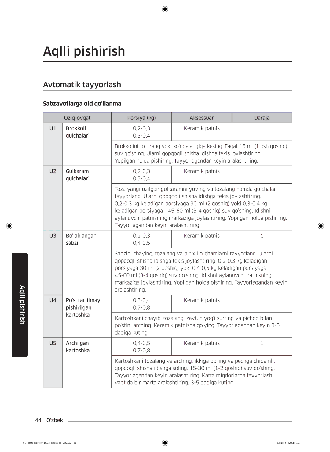 Samsung NQ50J3530BS/WT manual Avtomatik tayyorlash, Sabzavotlarga oid qo‘llanma 