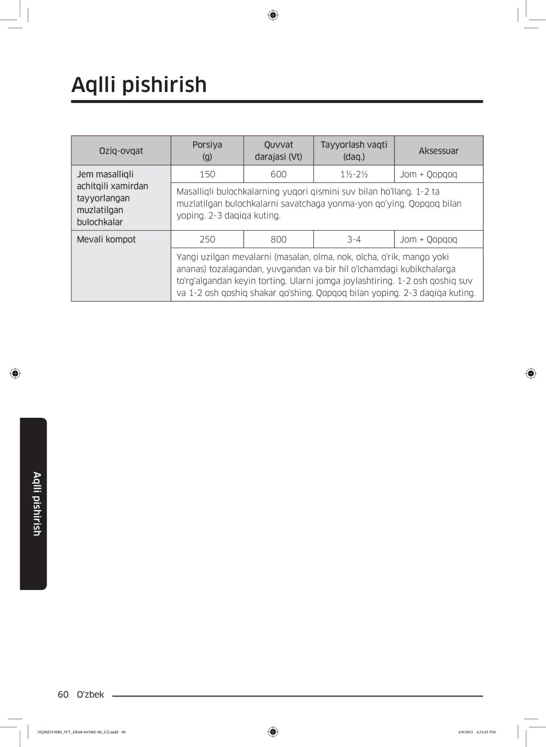 Samsung NQ50J3530BS/WT manual Aqlli pishirish 