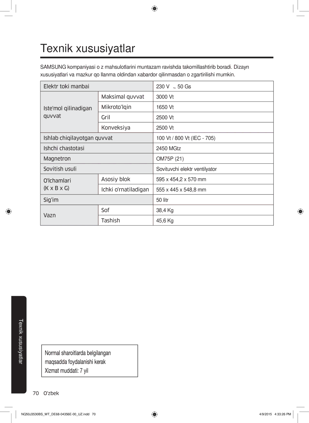 Samsung NQ50J3530BS/WT manual Texnik xususiyatlar 