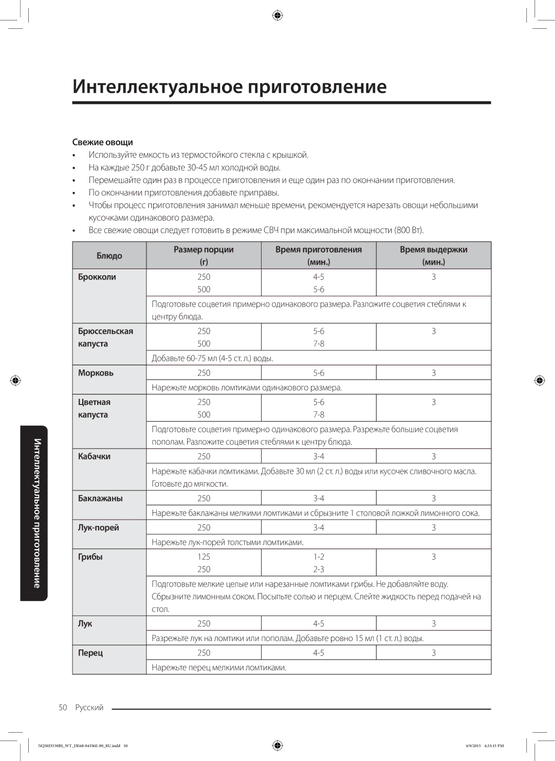 Samsung NQ50J3530BS/WT Свежие овощи, Блюдо Размер порции, Время выдержки, Капуста, Морковь, Цветная, Баклажаны, Лук-порей 