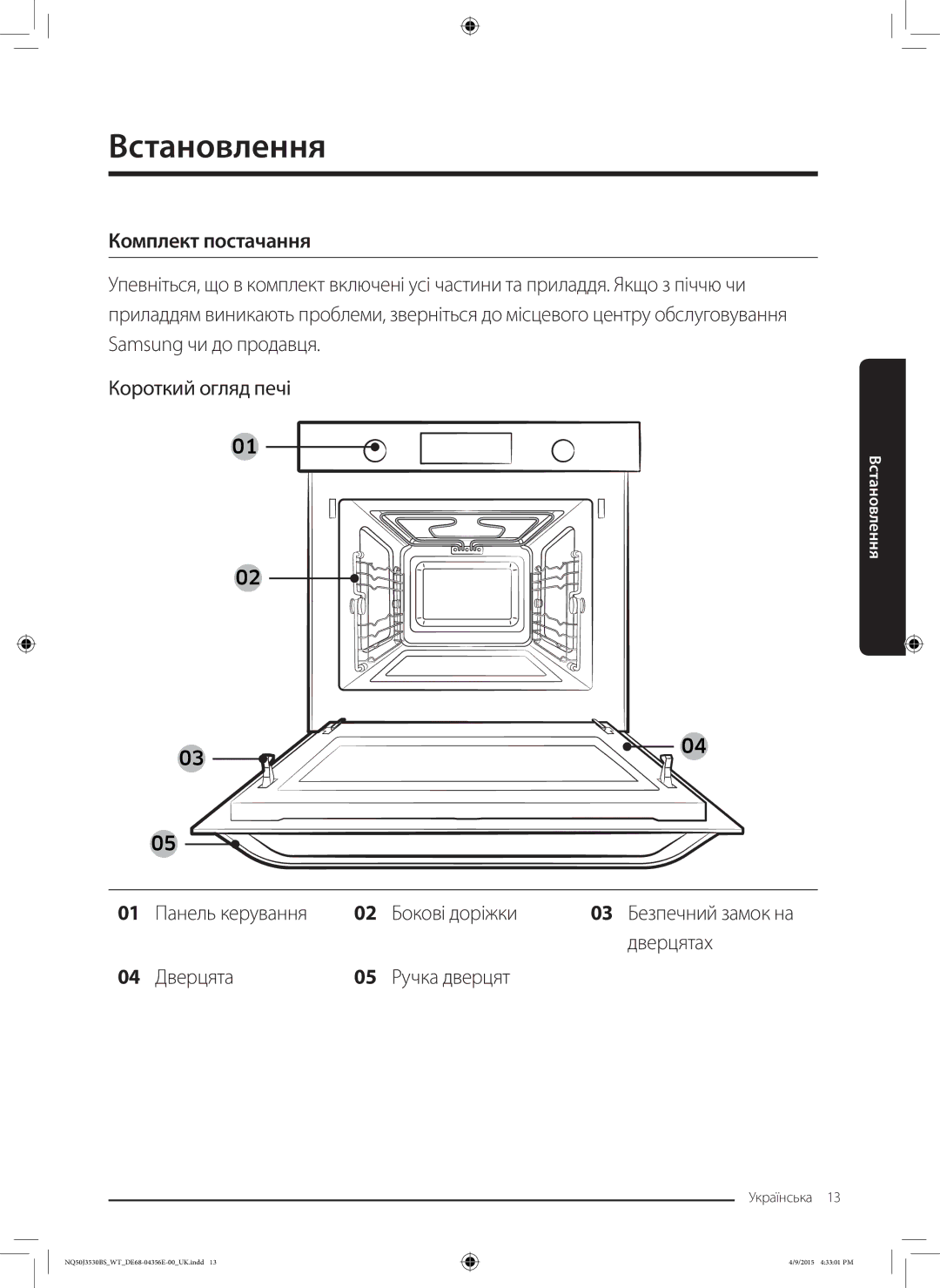 Samsung NQ50J3530BS/WT manual Встановлення, Комплект постачання, Панель керування Бокові доріжки, Дверцятах 