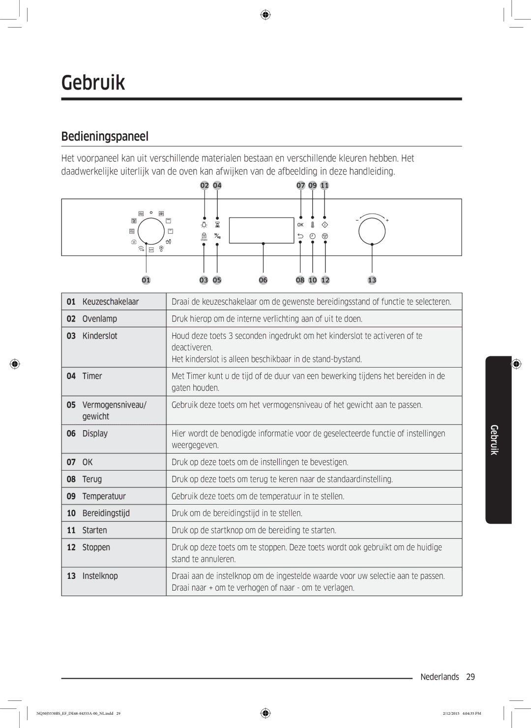 Samsung NQ50J5530BS/EF manual Gebruik, Bedieningspaneel 