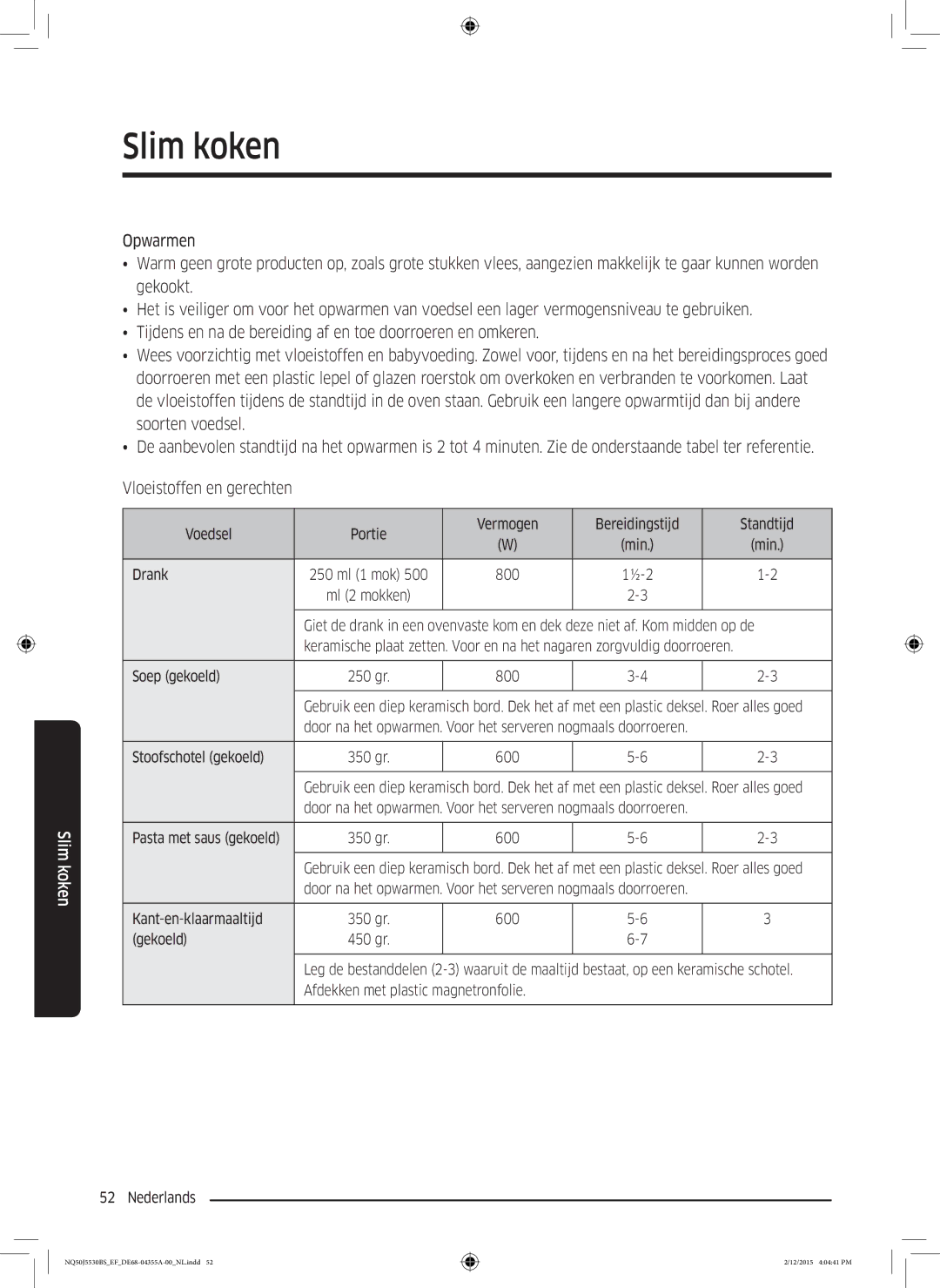 Samsung NQ50J5530BS/EF manual Voedsel Portie Vermogen Bereidingstijd Standtijd, Drank, Soep gekoeld, Gekoeld 