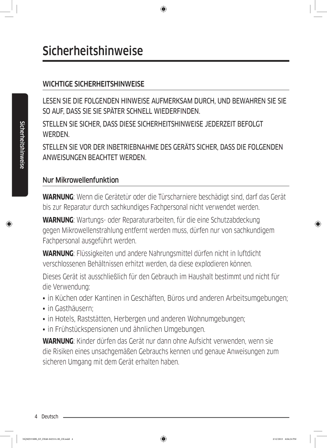 Samsung NQ50J5530BS/EF manual Sicherheitshinweise, Nur Mikrowellenfunktion 