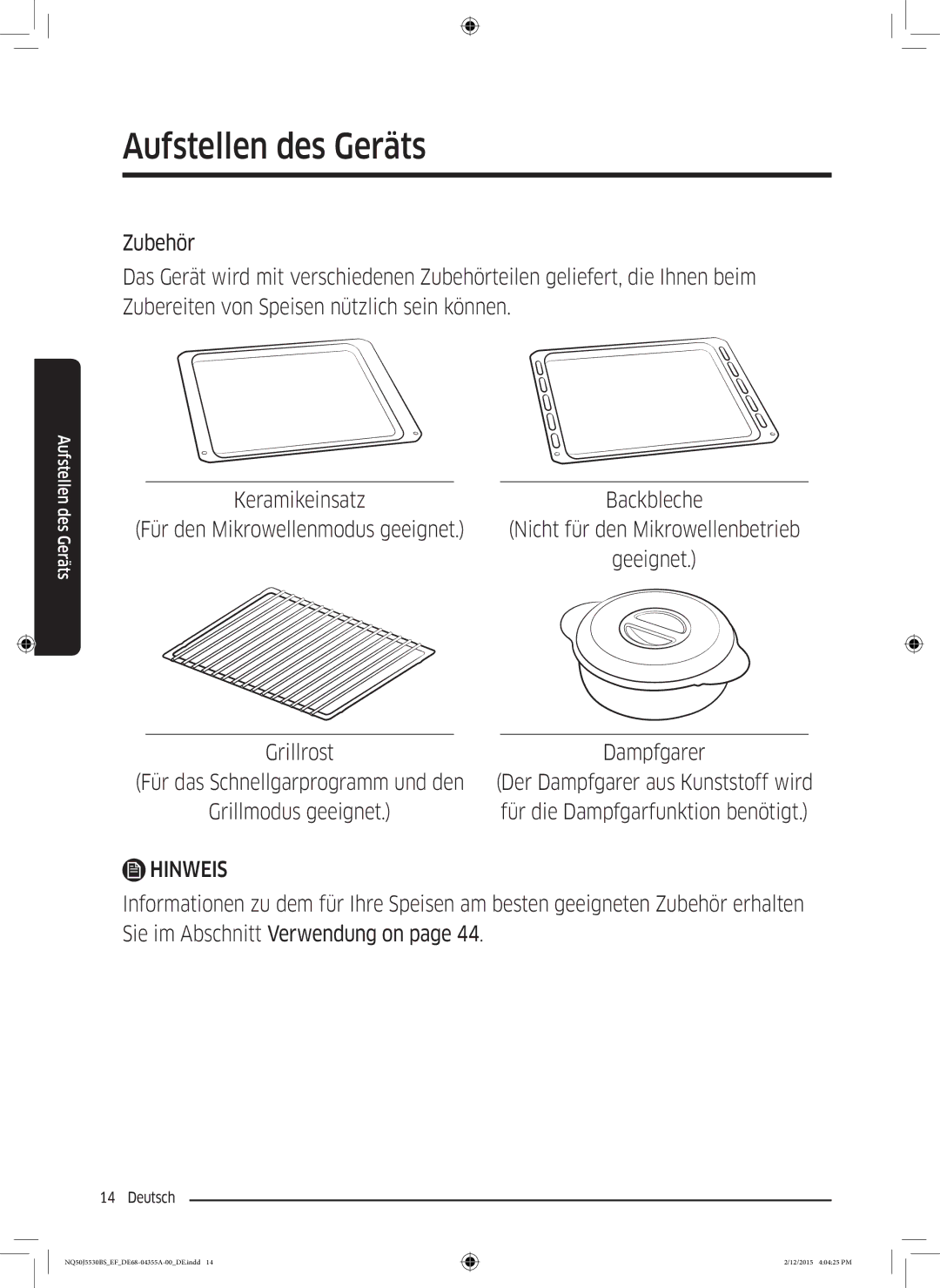 Samsung NQ50J5530BS/EF manual Nicht für den Mikrowellenbetrieb, Grillrost 