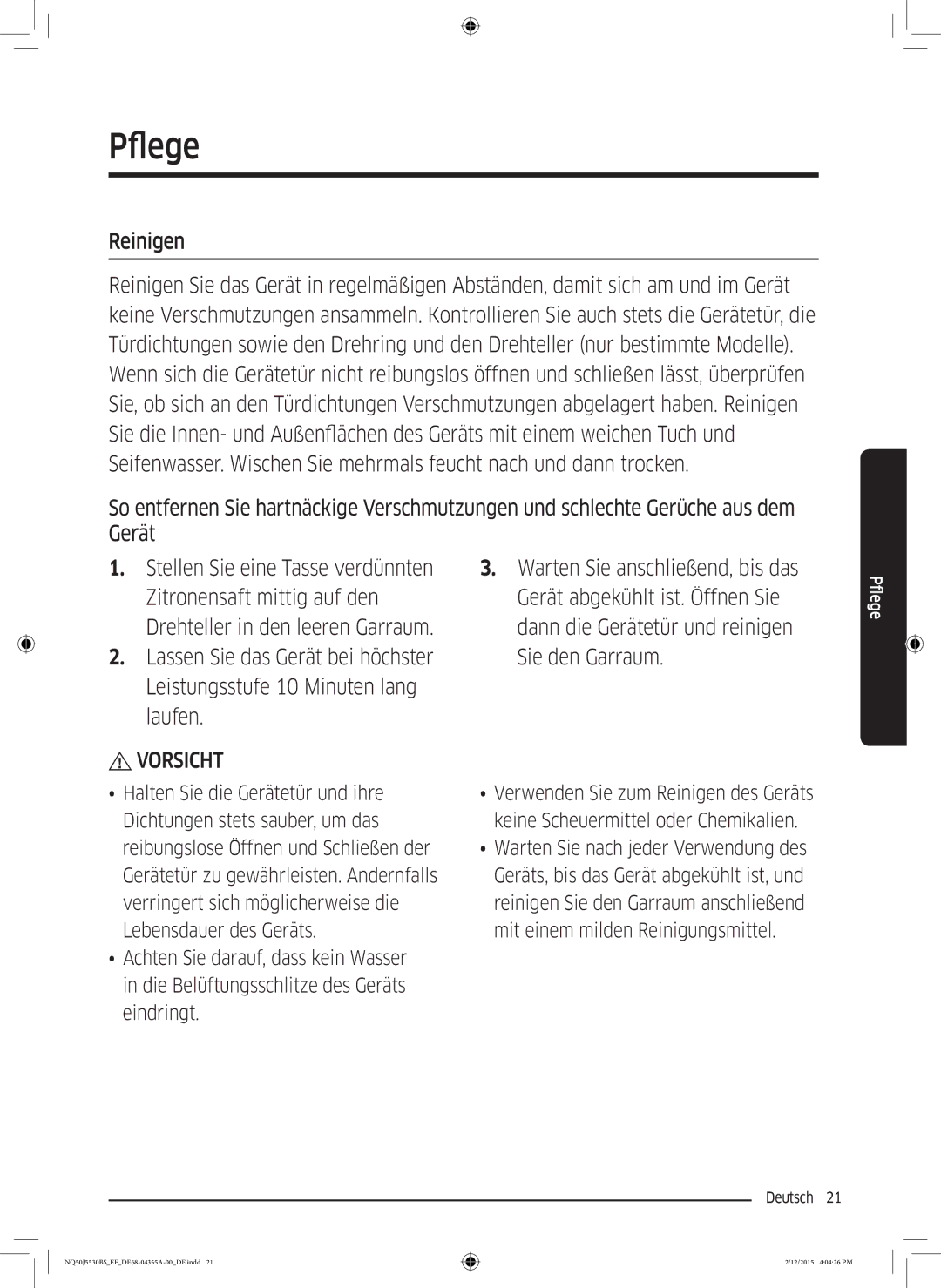 Samsung NQ50J5530BS/EF manual Pfege, Reinigen 