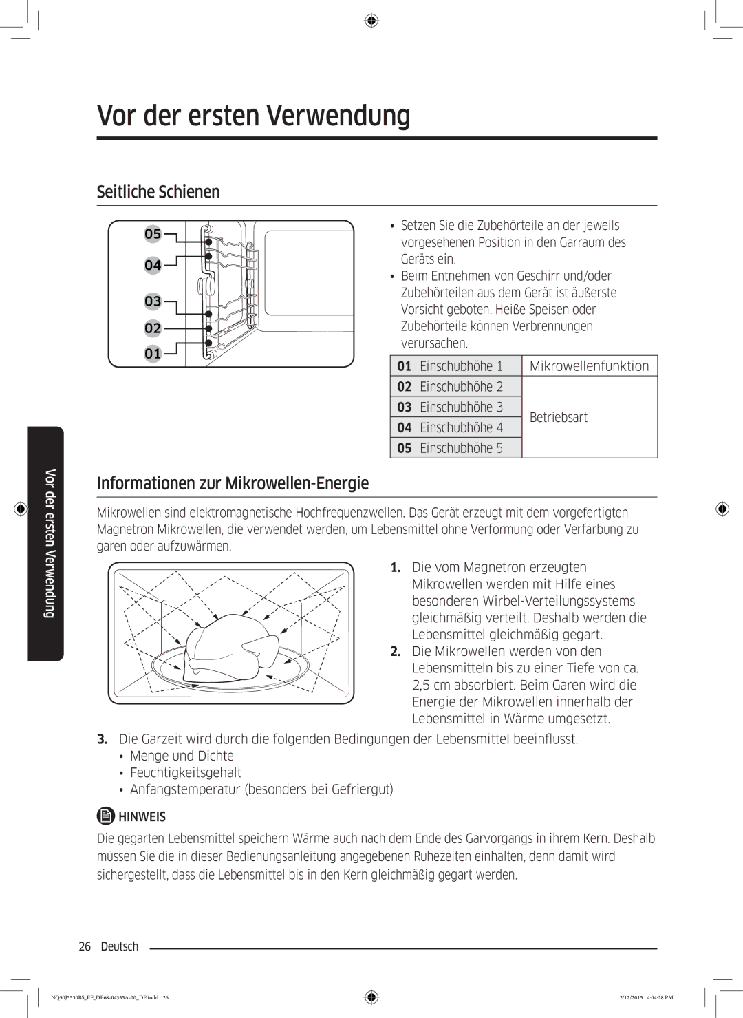 Samsung NQ50J5530BS/EF Seitliche Schienen, Informationen zur Mikrowellen-Energie, Vorgesehenen Position in den Garraum des 