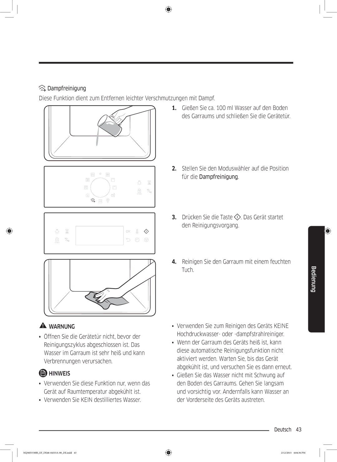 Samsung NQ50J5530BS/EF manual Verwenden Sie diese Funktion nur, wenn das, Gerät auf Raumtemperatur abgekühlt ist 