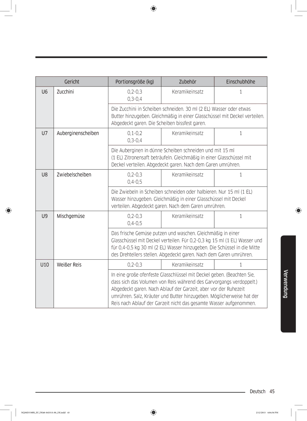 Samsung NQ50J5530BS/EF Gericht Portionsgröße kg Zubehör Einschubhöhe Zucchini 0,3, Zwiebelscheiben 0,3, Mischgemüse 0,3 