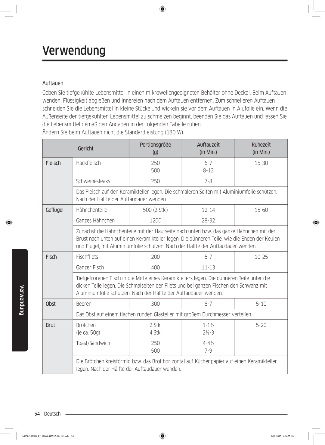 Samsung NQ50J5530BS/EF manual Auftauen, Fisch Fischfilets 200 10-25 Ganzer Fisch 400 11-13 