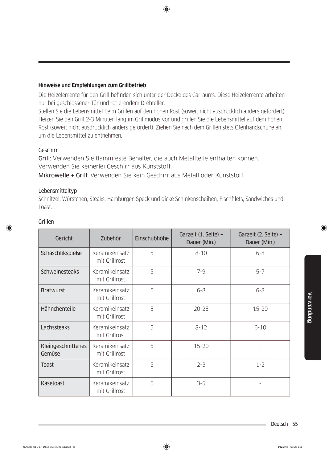 Samsung NQ50J5530BS/EF manual Hinweise und Empfehlungen zum Grillbetrieb 