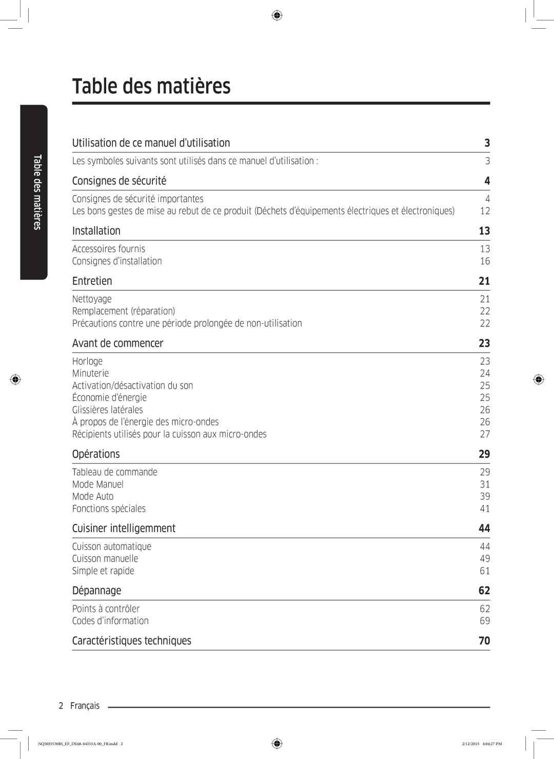 Samsung NQ50J5530BS/EF Table des matières, Consignes de sécurité importantes, Accessoires fournis Consignes d’installation 