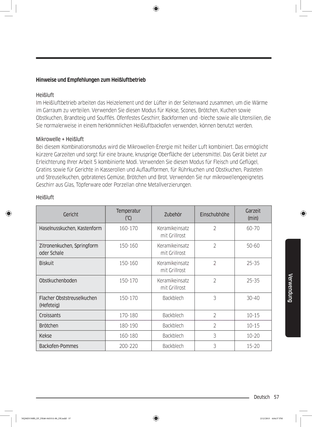 Samsung NQ50J5530BS/EF manual Hinweise und Empfehlungen zum Heißluftbetrieb 