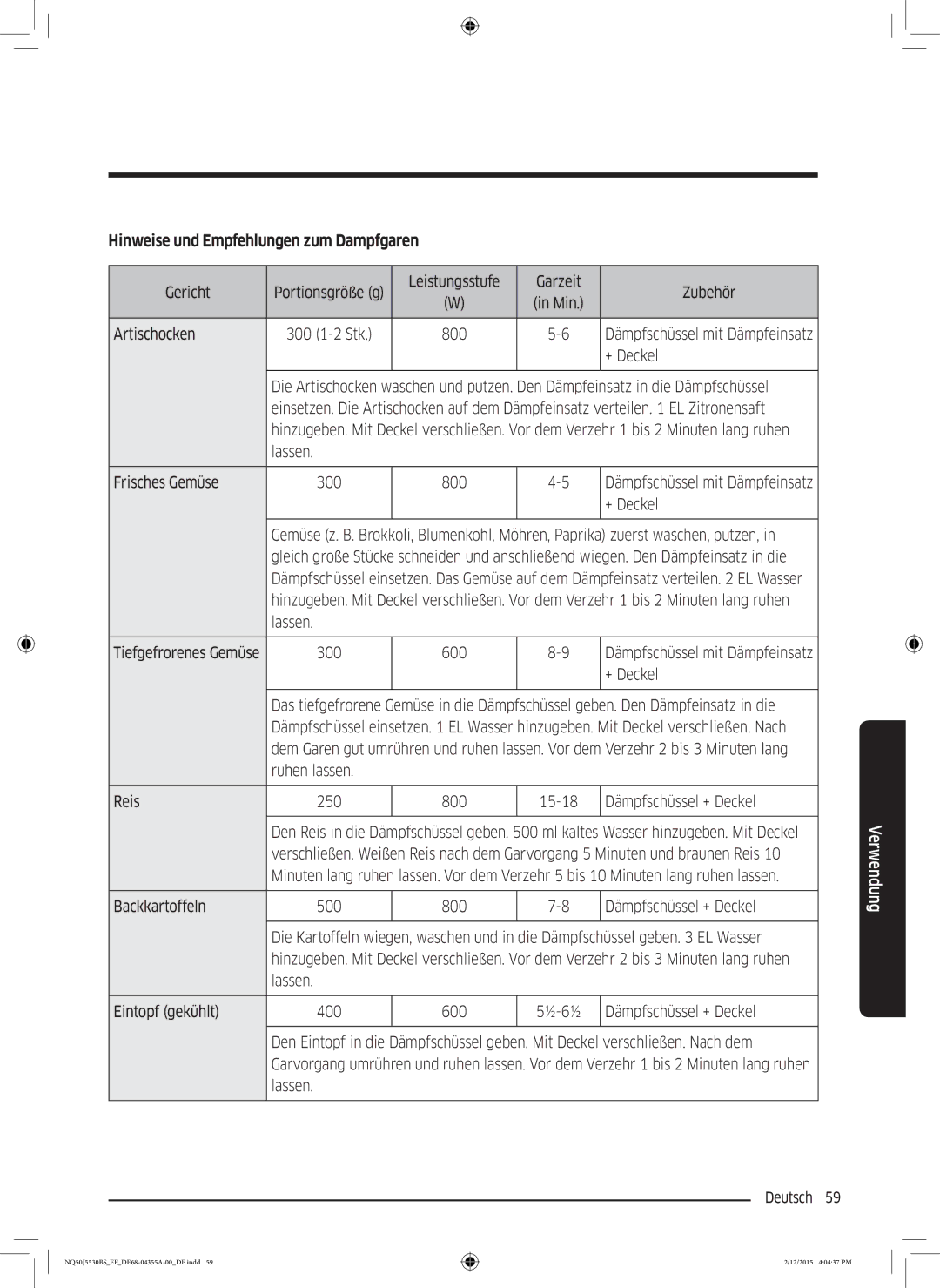 Samsung NQ50J5530BS/EF manual Hinweise und Empfehlungen zum Dampfgaren 