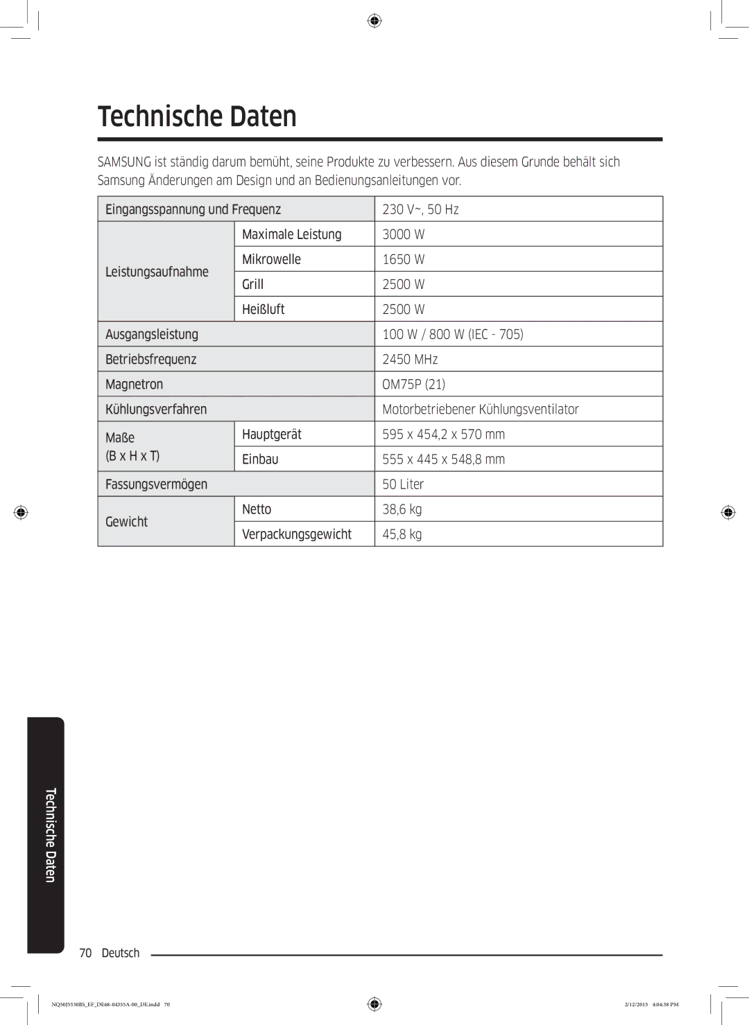 Samsung NQ50J5530BS/EF manual Technische Daten 