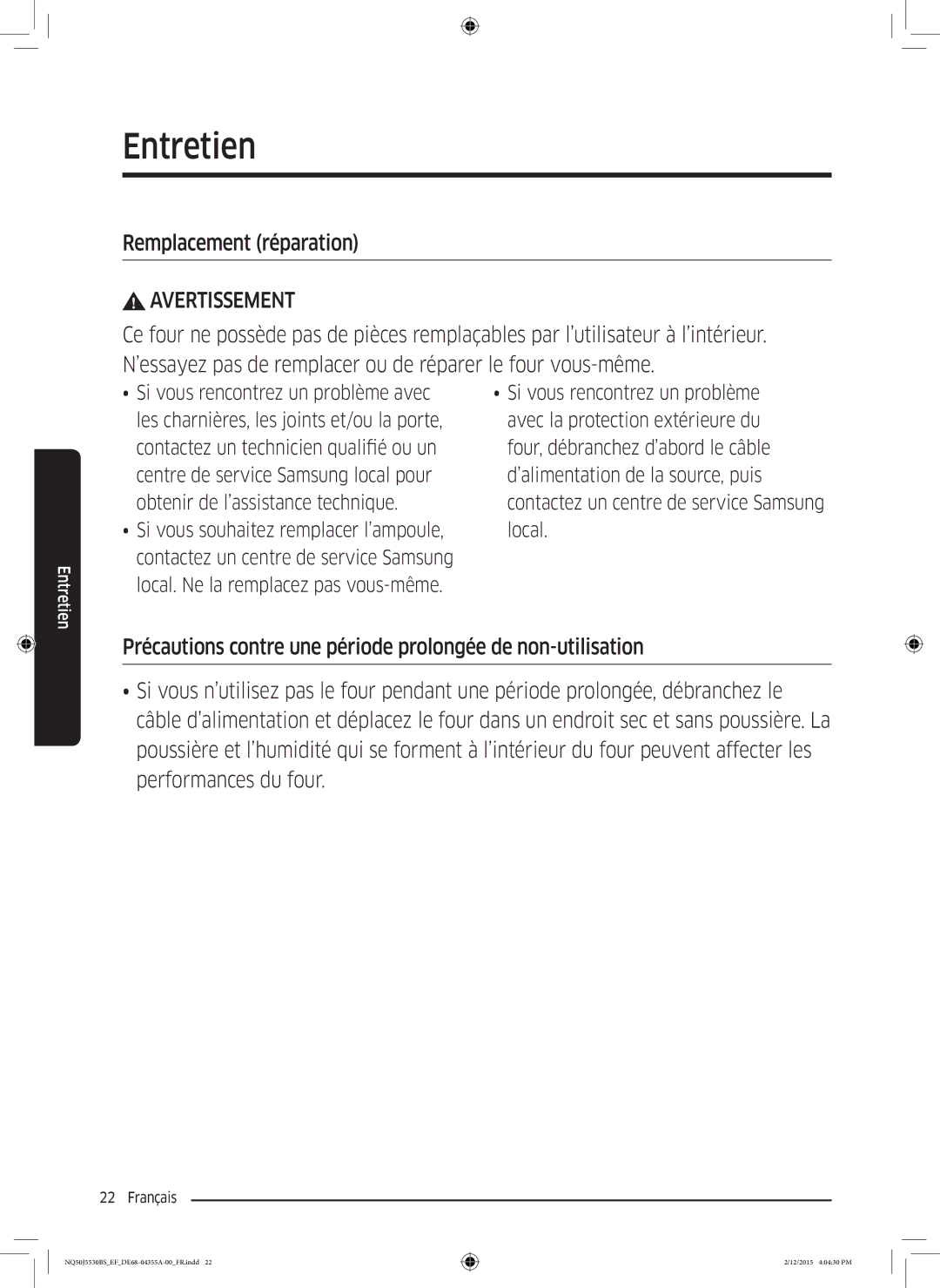 Samsung NQ50J5530BS/EF manual Remplacement réparation, Avertissement 