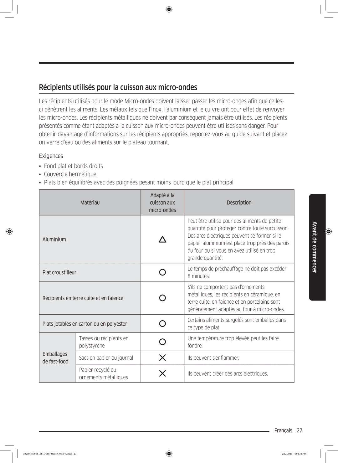 Samsung NQ50J5530BS/EF manual Récipients utilisés pour la cuisson aux micro-ondes 