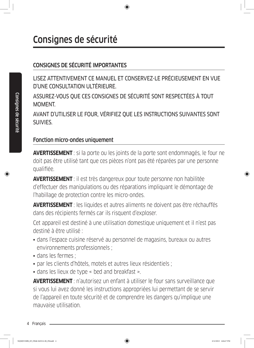 Samsung NQ50J5530BS/EF manual Consignes de sécurité 