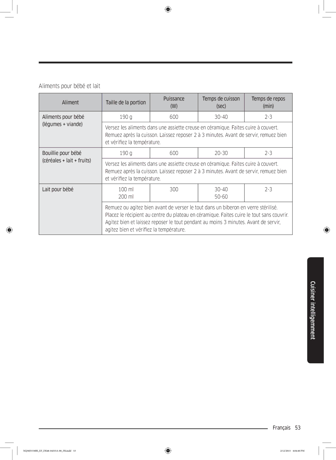 Samsung NQ50J5530BS/EF manual Aliments pour bébé et lait 