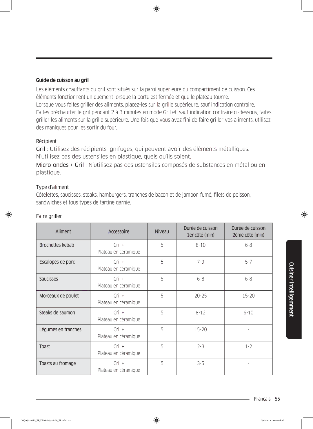 Samsung NQ50J5530BS/EF manual Guide de cuisson au gril 