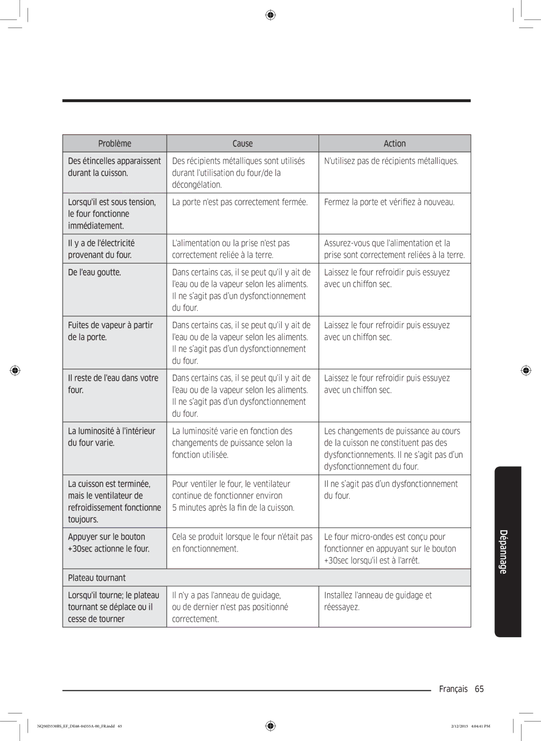 Samsung NQ50J5530BS/EF manual De leau goutte, Laissez le four refroidir puis essuyez, Avec un chiffon sec, Du four 