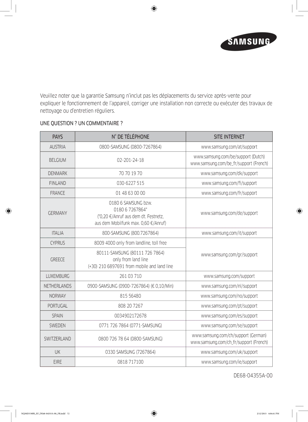 Samsung NQ50J5530BS/EF manual DE68-04355A-00, Samsung 